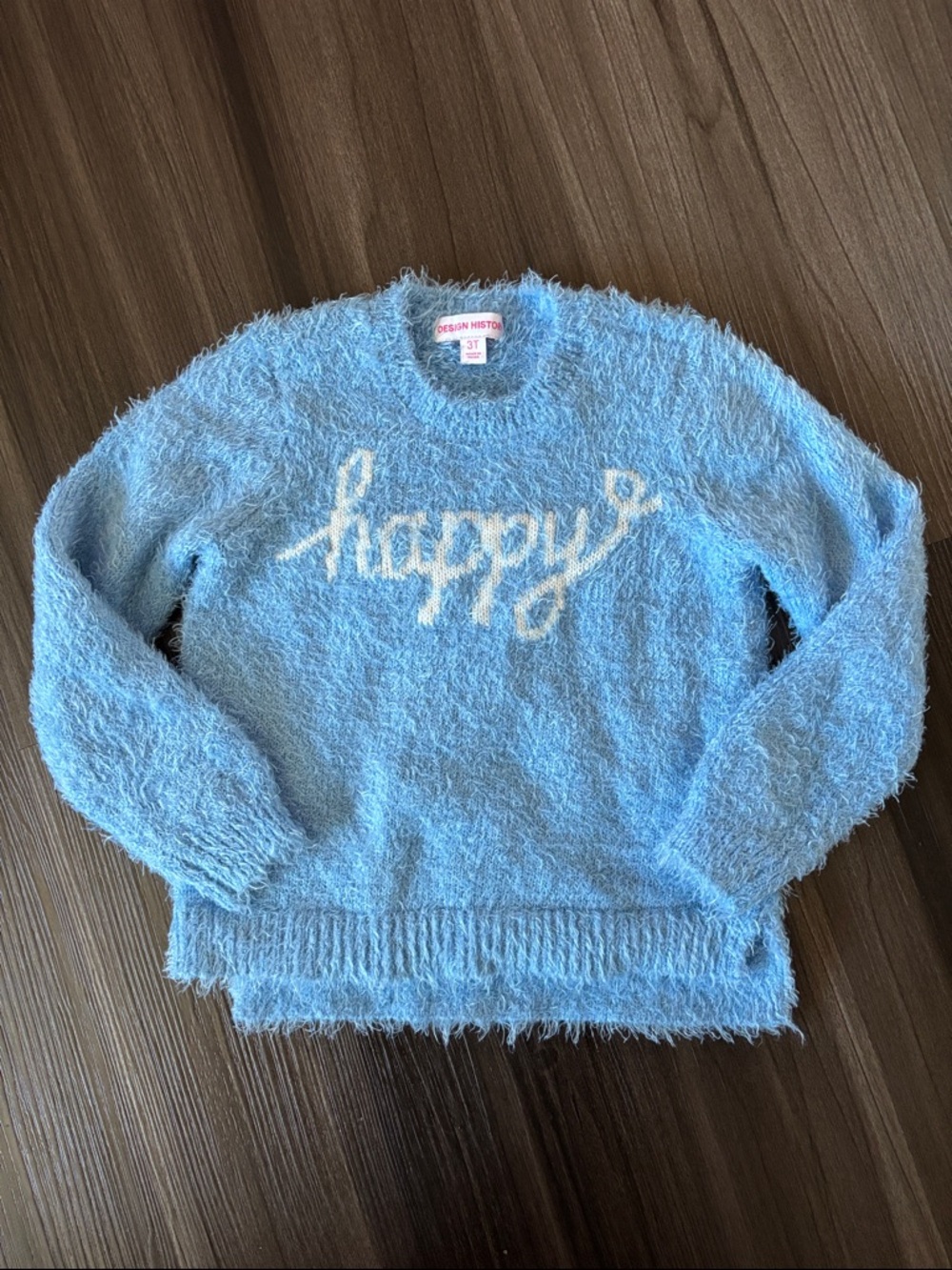 Design History Light Blue Fuzzy Crewneck Sweater with White 'happy' Script